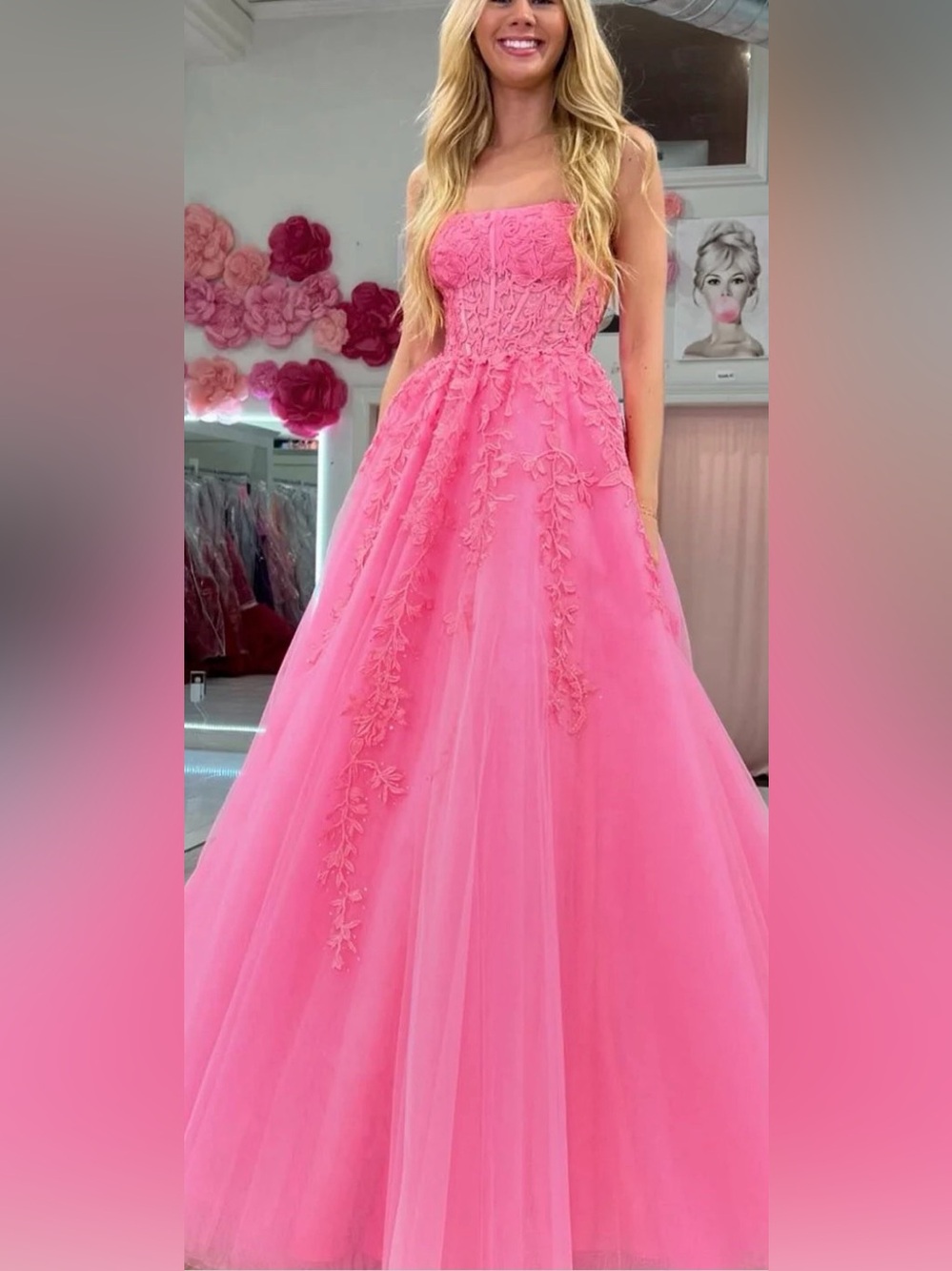 Pink Floral Appliqué Ball Gown
